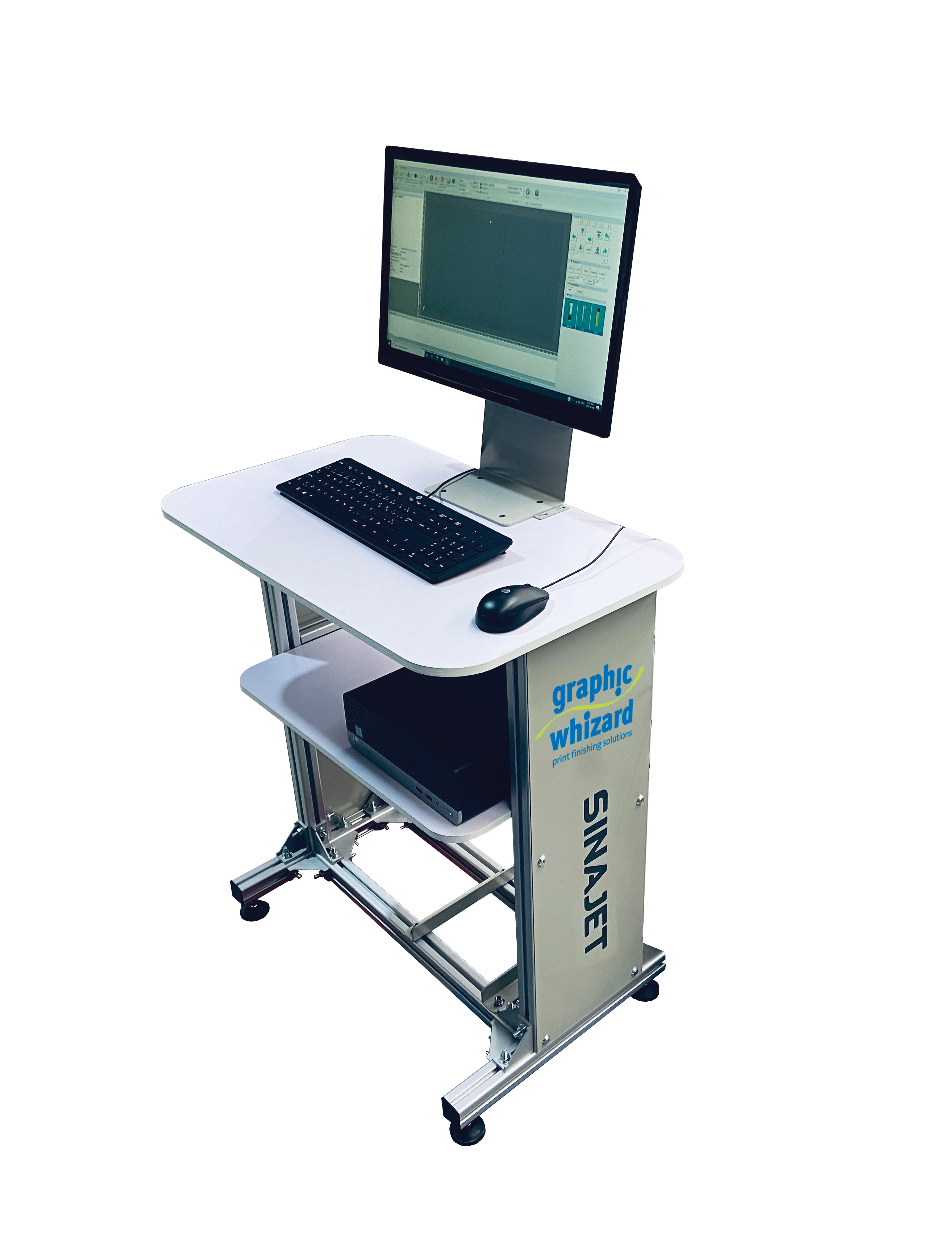 Computadora y stand con el software Sinajet Control Center incluido con la MT Series